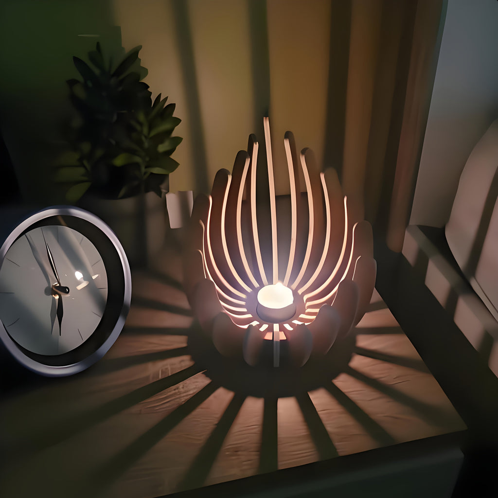 Boho Lotus Kerzenhalter – Handgefertigtes Schichtdesign aus Holz