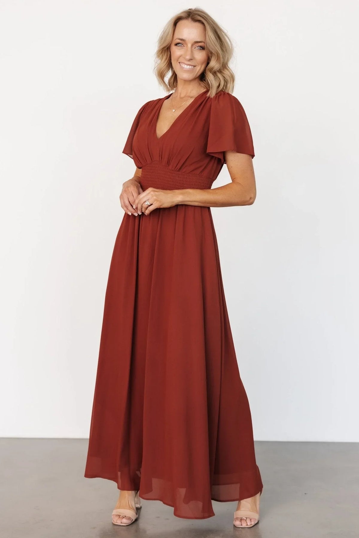 Damen Maxikleid mit V-Ausschnitt und hoher Taille