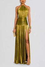 Rückenfreies Maxikleid mit Neckholder, Schlitz und Falten