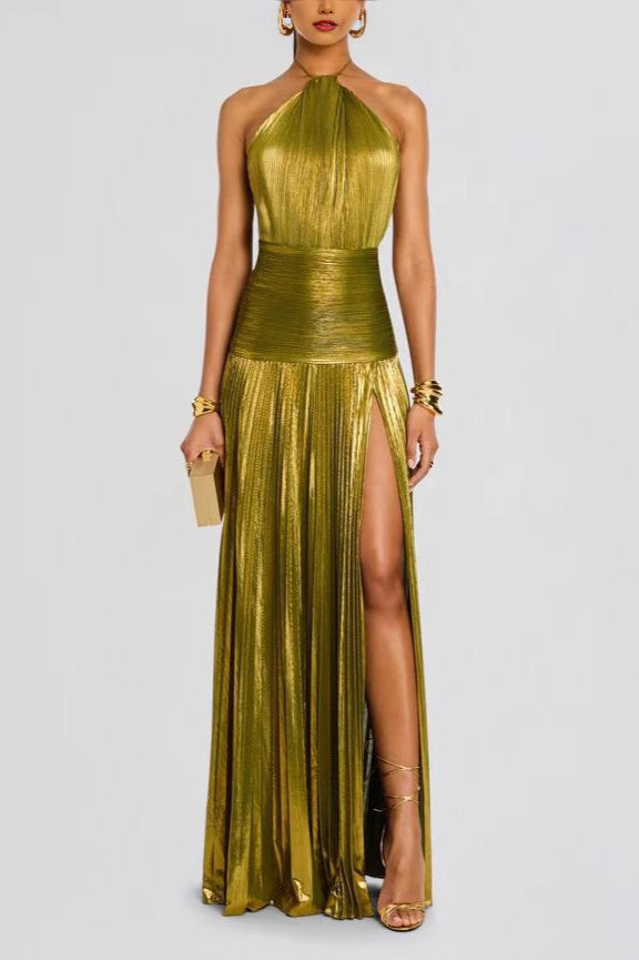 Rückenfreies Maxikleid mit Neckholder, Schlitz und Falten