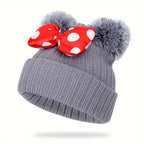 Sanne Niedlicher Minnie Hut für Kinder – Gestrickte Beanie mit Schleife sowie Pompons