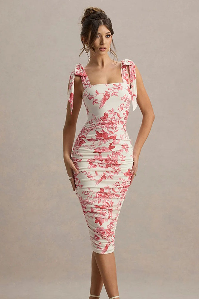 Maxikleid mit Raffung und Blumenmuster in Rot