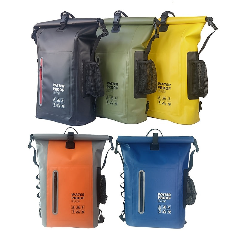 Wasserdichter 25L Rolltop-Rucksack mit mehreren Fächern, stabiler Schnallenversiegelung sowie Netz-Seitentasche