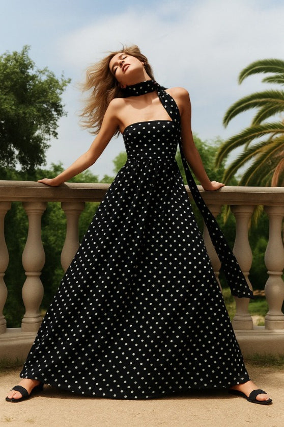 Schulterfreies Maxikleid mit Bindedetail und Punktemuster