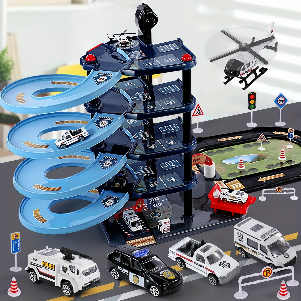 FeuerWacht Garage Spielset – Mehrere Etagen mit Feuerwehrwagen sowie Verkehrsschildern