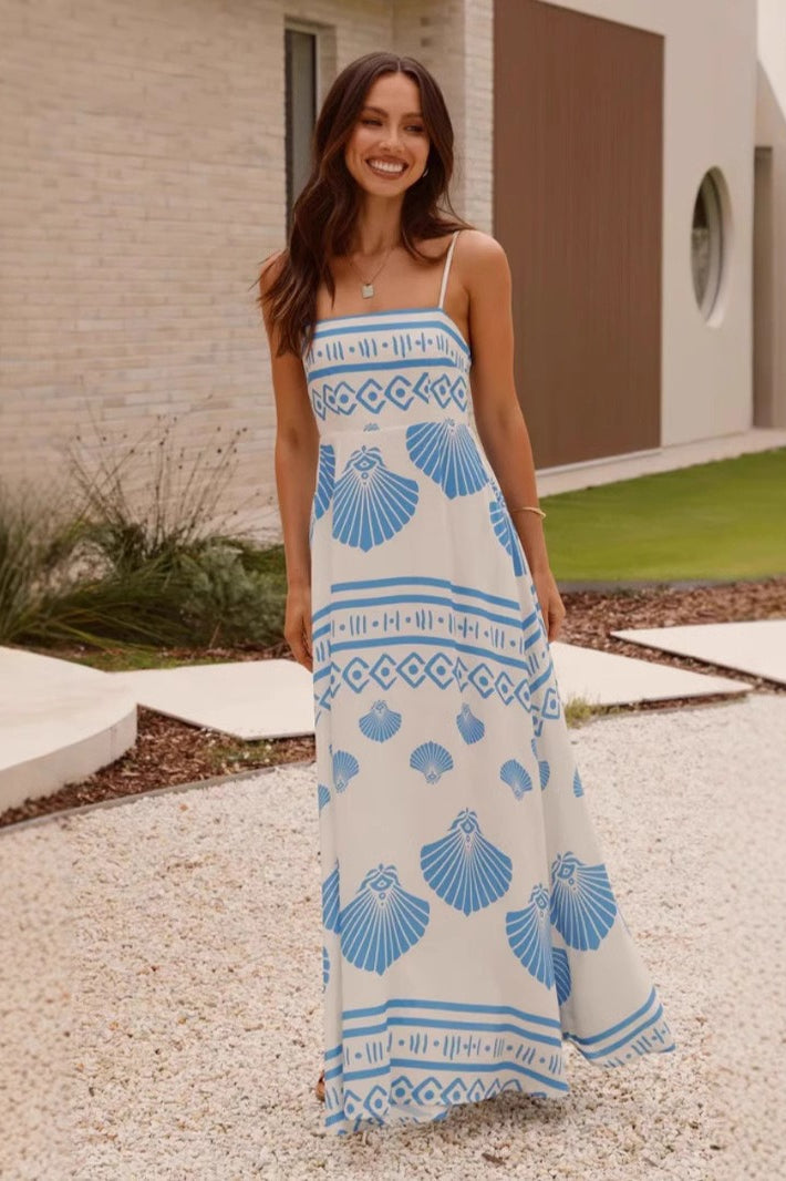 Maxikleid mit hoher Taille und Druck in Blau