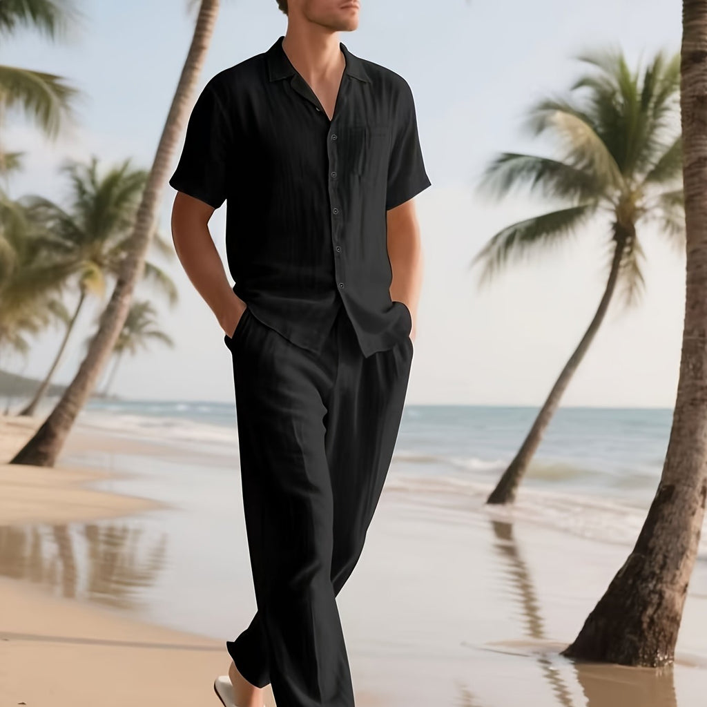 Herren Lässig Leinen Set – Bequem und Luftig mit Langer Hose und Kurzen Ärmeln