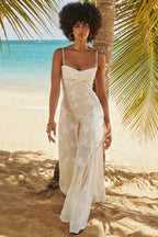 Damen Maxikleid mit Blumenapplikationen und Spaghettiträgern