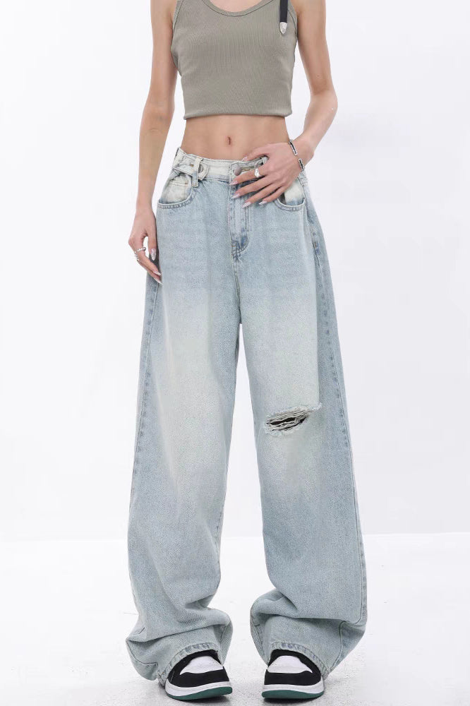 Jeans mit hoher Taille in Blau mit Used-Look