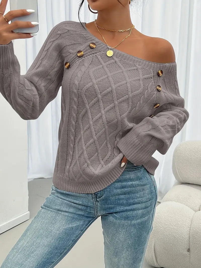 Langärmeliger Pullover Mit Zopfmuster, Lässiger Pullover Mit Rundhalsausschnitt