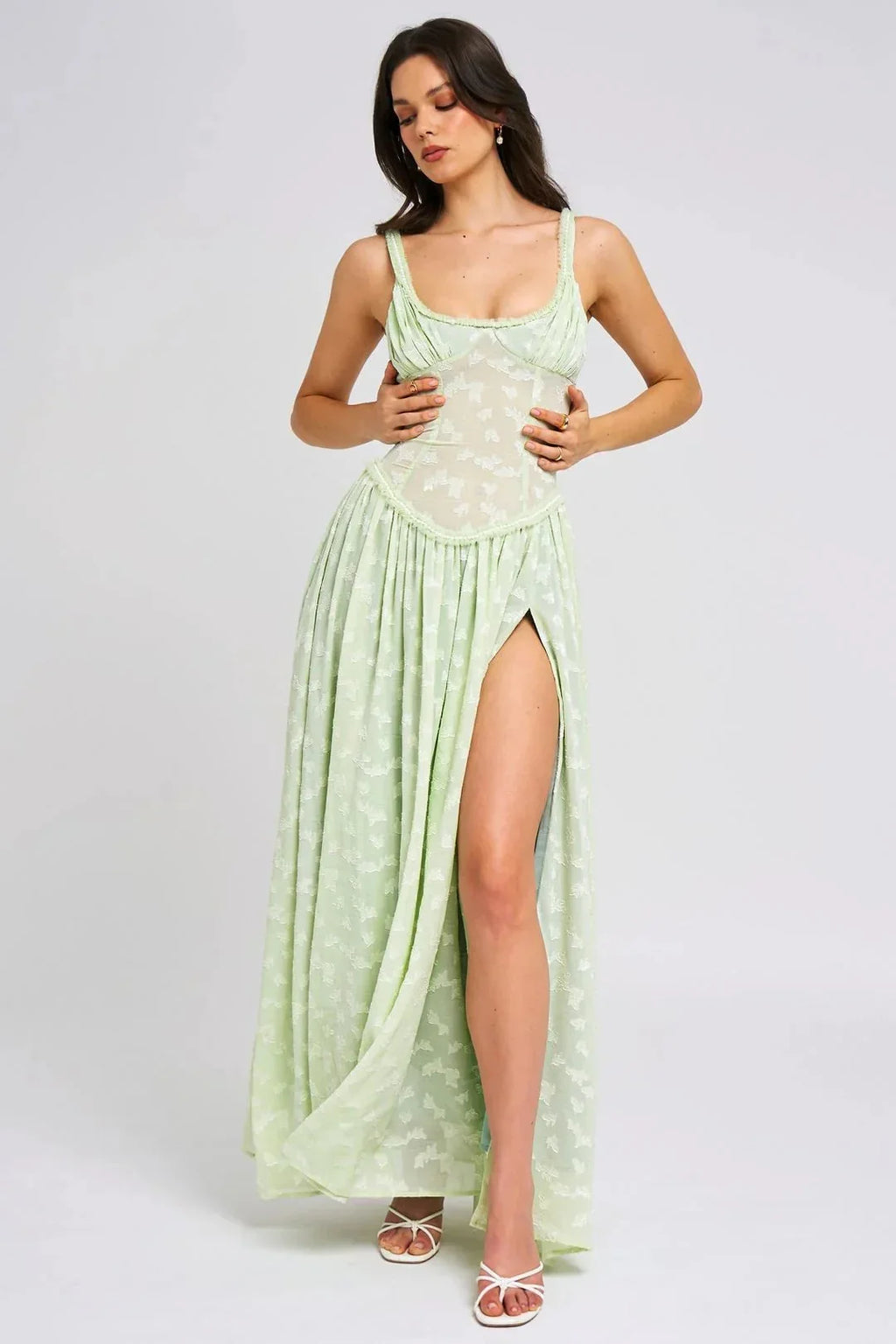 Damen Maxikleid mit Corsagen-Optik und Beinschlitz
