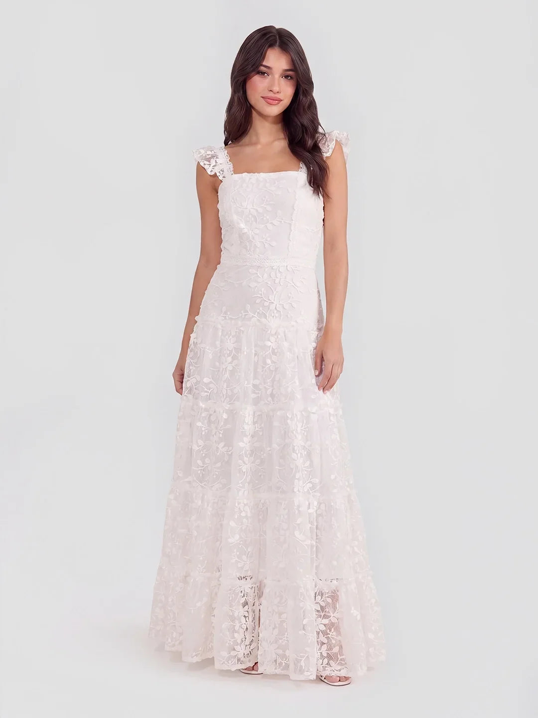 Spitzen-Maxikleid mit eckigem Ausschnitt und Volants