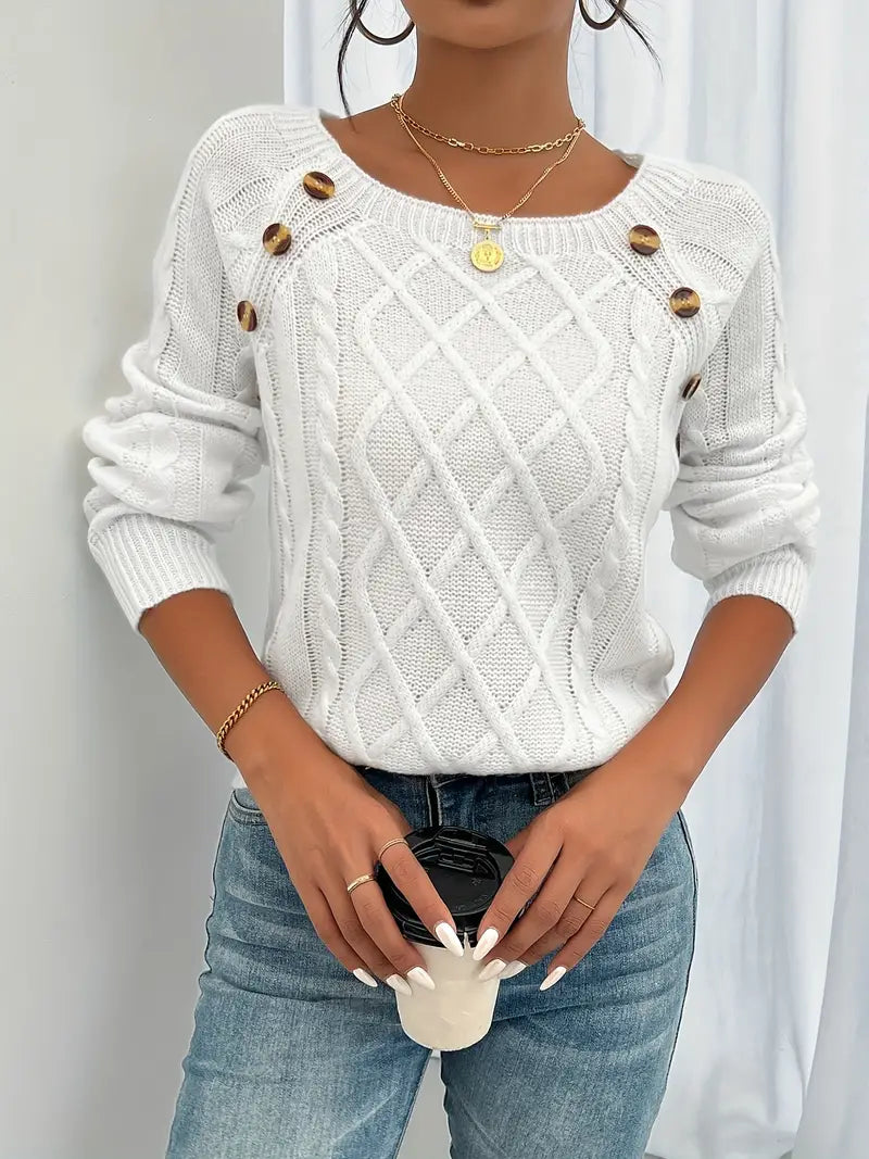 Langärmeliger Pullover Mit Zopfmuster, Lässiger Pullover Mit Rundhalsausschnitt