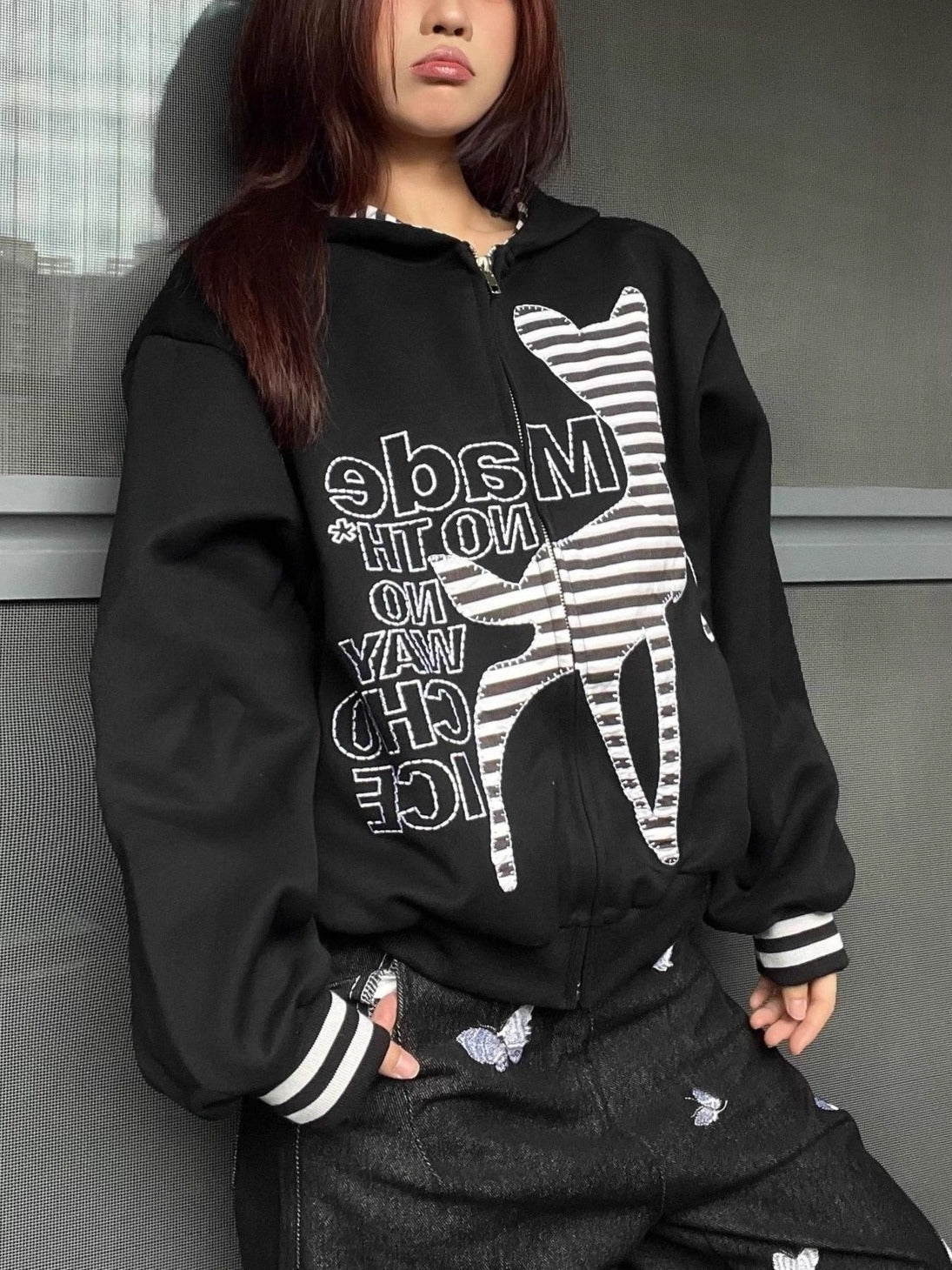 Hoodie mit Patchwork in Grau mit Mit Kapuze