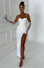Despina – Satin-Maxikleid mit Beinschlitz und Korsett-Schnürung