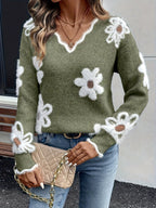 Eleganter V-Ausschnitt Blumen-Pullover