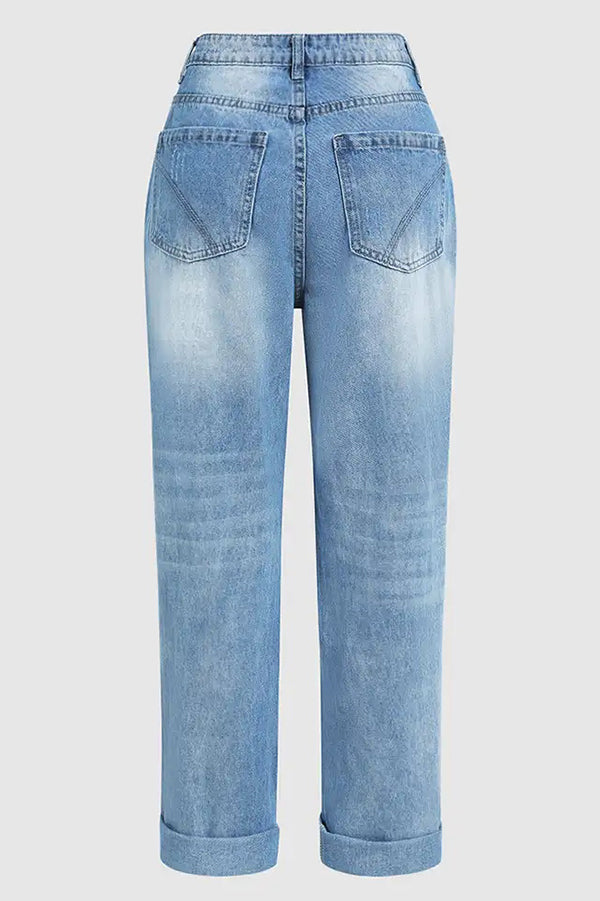 Low-Rise Straight-Leg-Jeans mit Used-Look und Knopfleiste