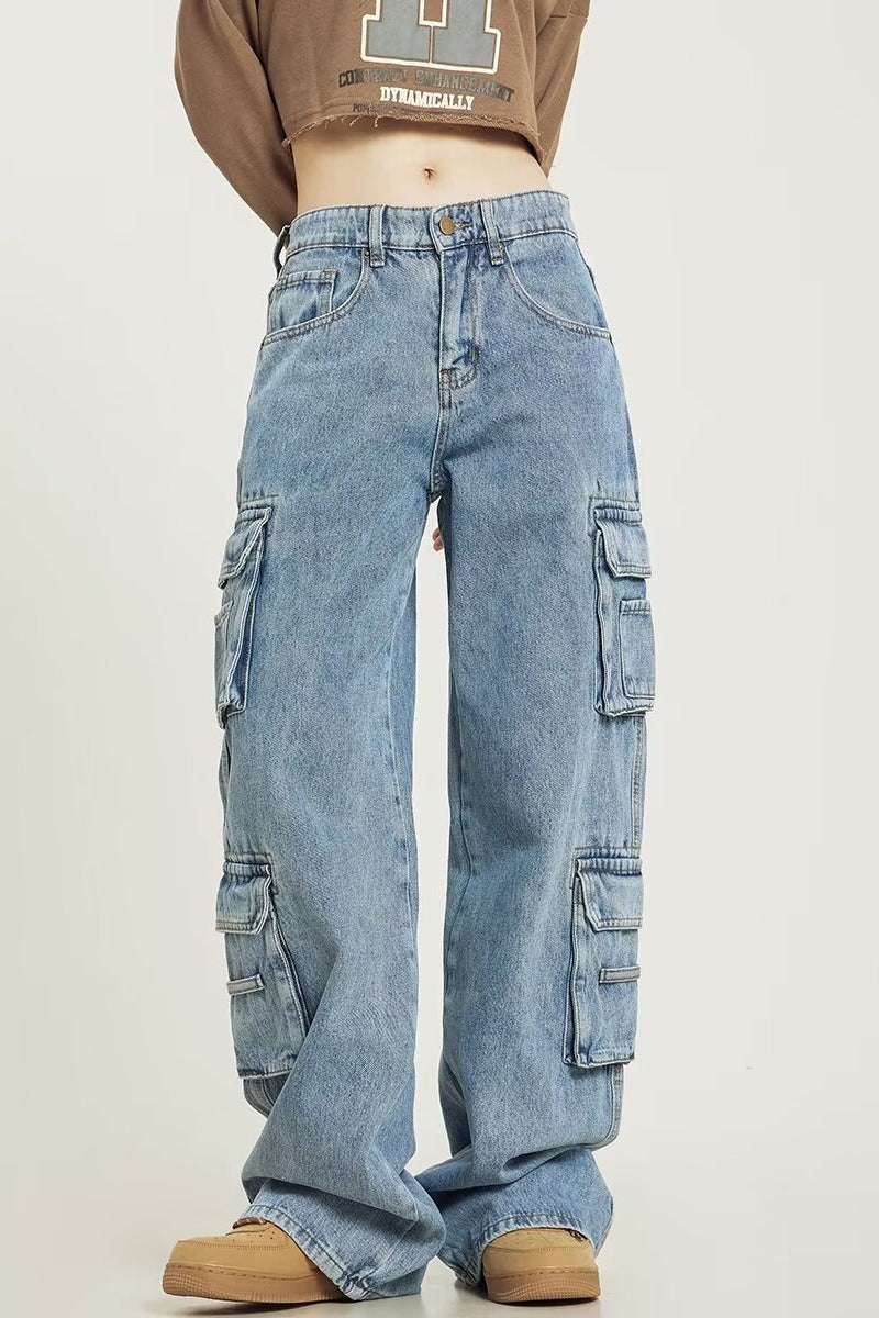 Jeans mit weitem Bein in Blau gerade geschnitten