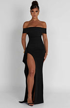 Damen Abendkleid mit schulterfreiem Ausschnitt und Beinschlitz