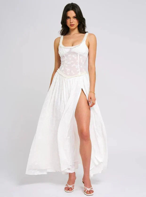 Damen Maxikleid mit Corsagen-Optik und Beinschlitz