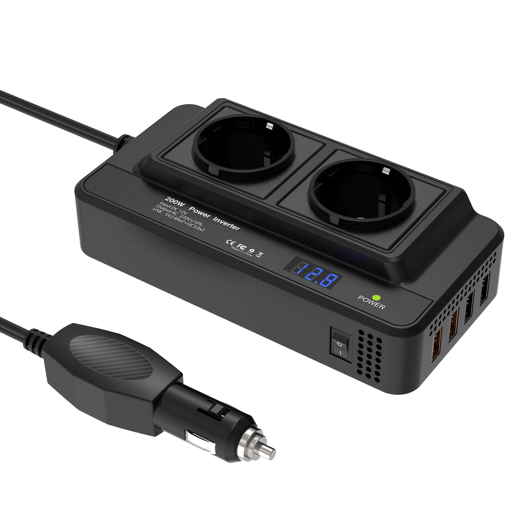 Kompakter 200W Auto-Stromwandler: Dual-Steckdosen & Quad USB