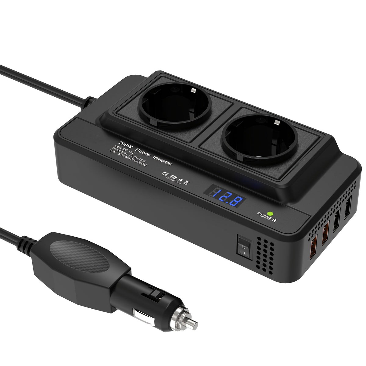 Kompakter 200W Auto-Stromwandler: Dual-Steckdosen & Quad USB