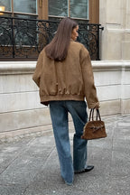 Jacke mit Wildleder in Khaki mit Reverskragen