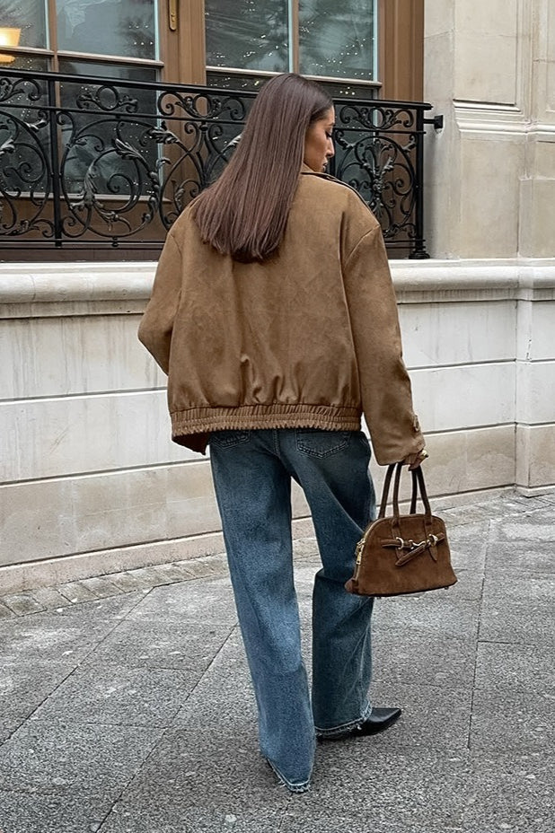 Jacke mit Wildleder in Khaki mit Reverskragen