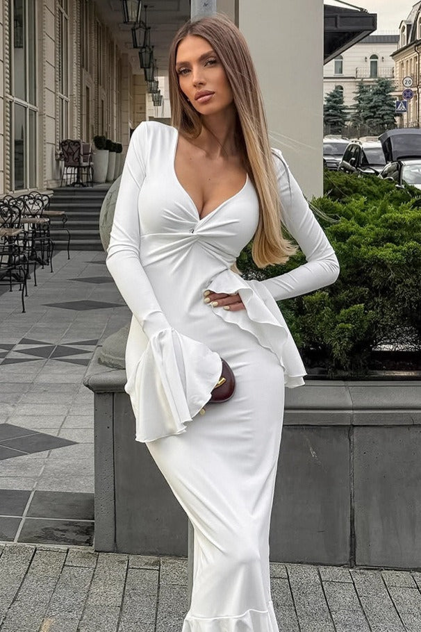 Midikleid mit V-Ausschnitt, Trompetenärmeln und ausgestelltem Schnitt