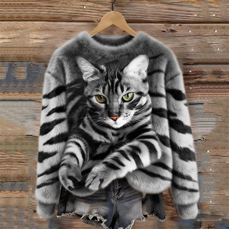 Gemütlicher Plüsch-Pullover mit einem Tiger- und Tabby-Kätzchen-Design