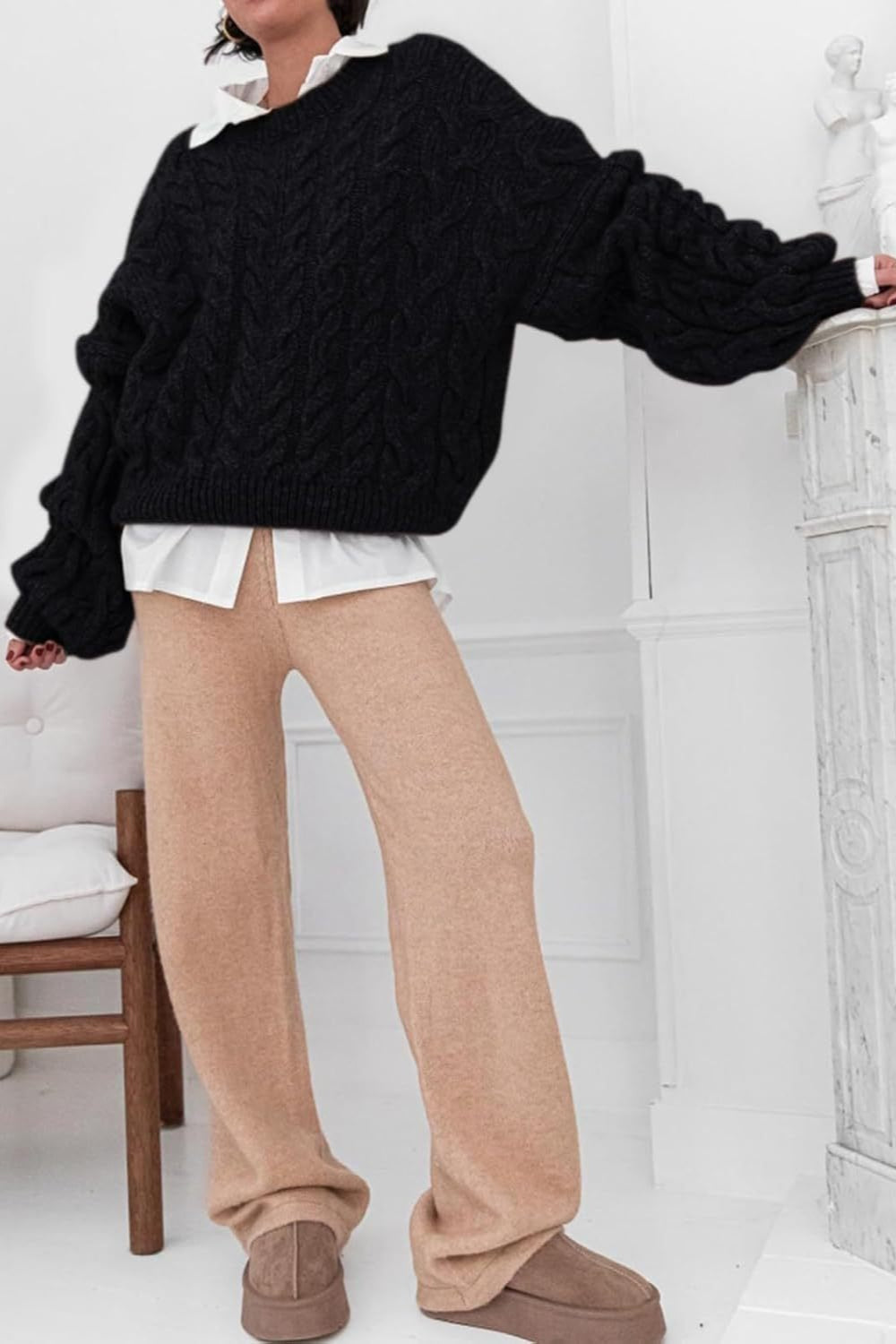 Pullover mit Strickstruktur in Weiß mit Rundhalsausschnitt