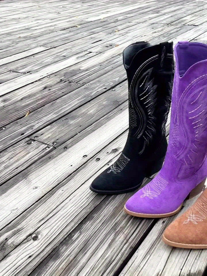 Damen Bestickte Cowboy-Stiefel mit Spitzennase sowie Mittelabsätzen