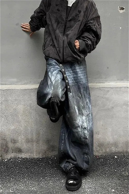 Jeans mit weitem Bein und hoher Taille in Blau locker geschnitten