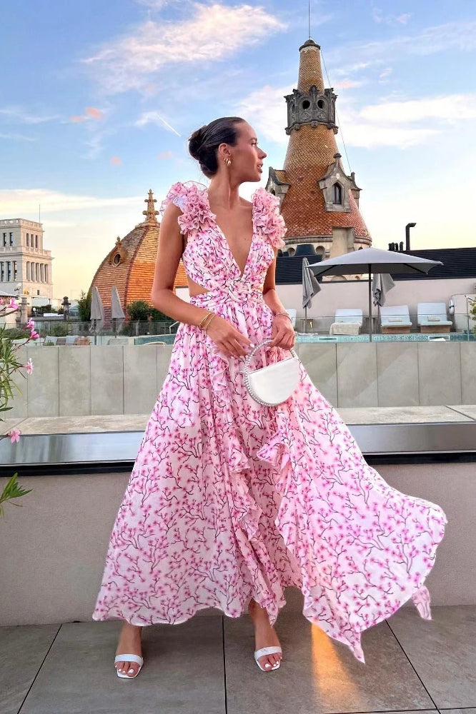 Kleid mit V-Ausschnitt, Blumenmuster und Rüschen