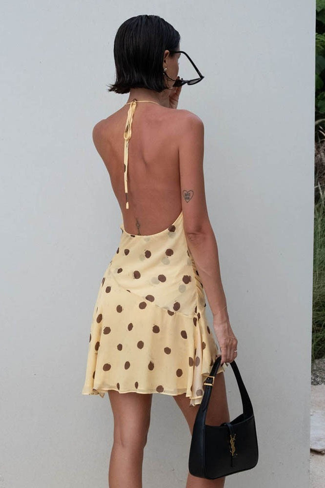 Rückenfreies Minikleid mit Neckholder und Punktemuster in Gelb