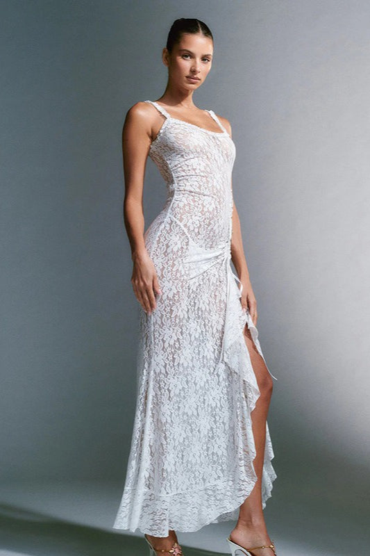 Rückenfreies Maxikleid mit Spitze in Weiß