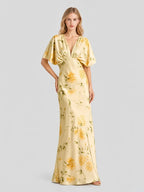 Satin-Maxikleid mit Flügelärmeln und Blumenmuster