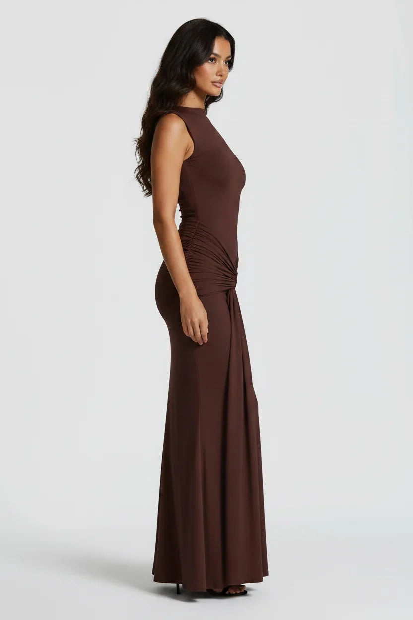 Damen Maxikleid mit Drapierung und Rundhalsausschnitt
