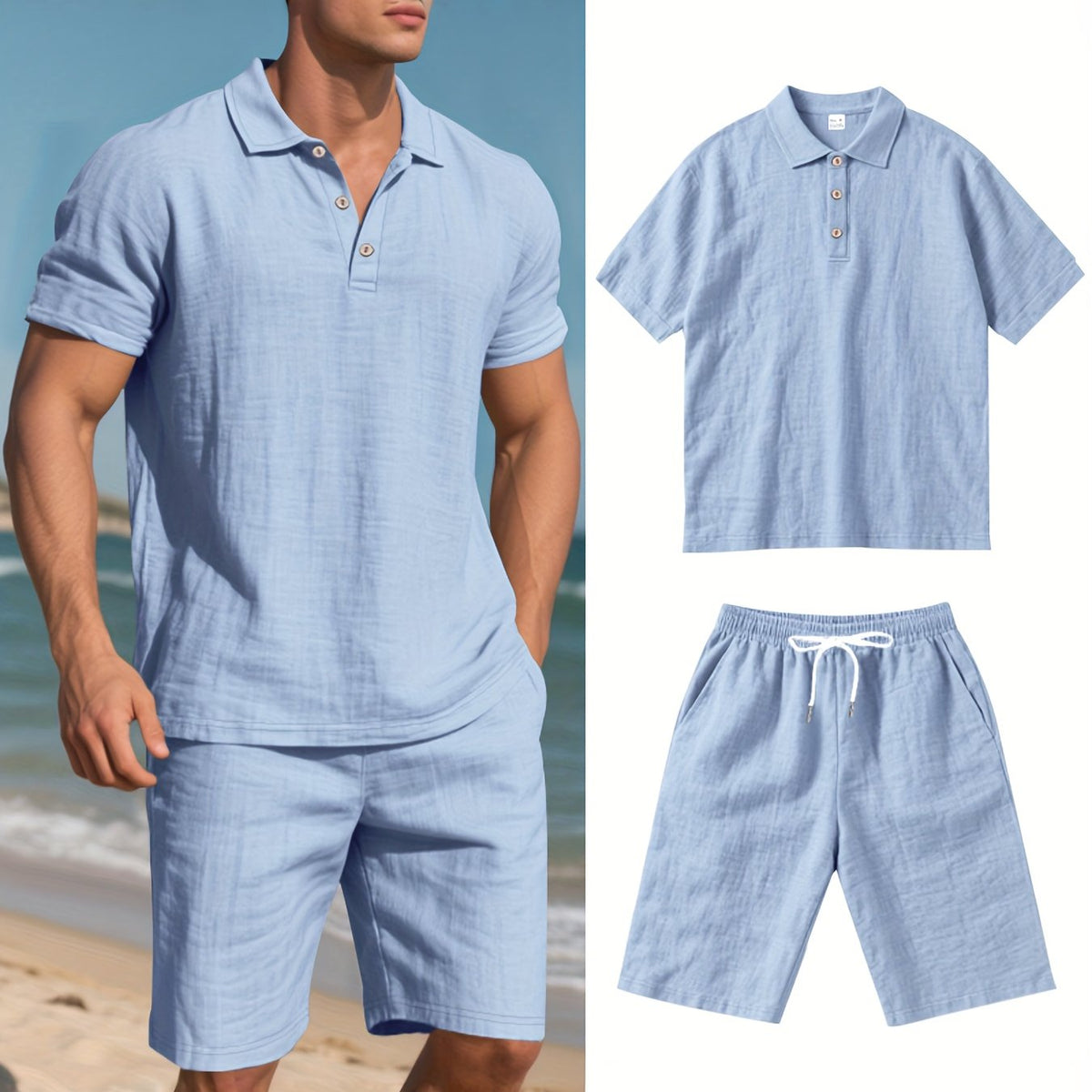 Herren Leinen Polo sowie Shorts Set – Bequem und Lässig für Warme Tage