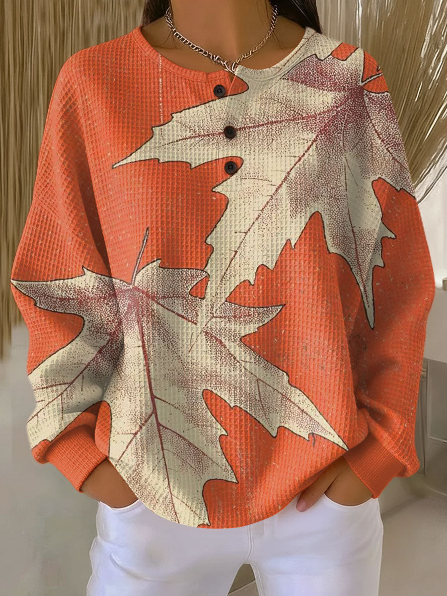 Damen Pullover mit Blättermuster und Knopfdetails