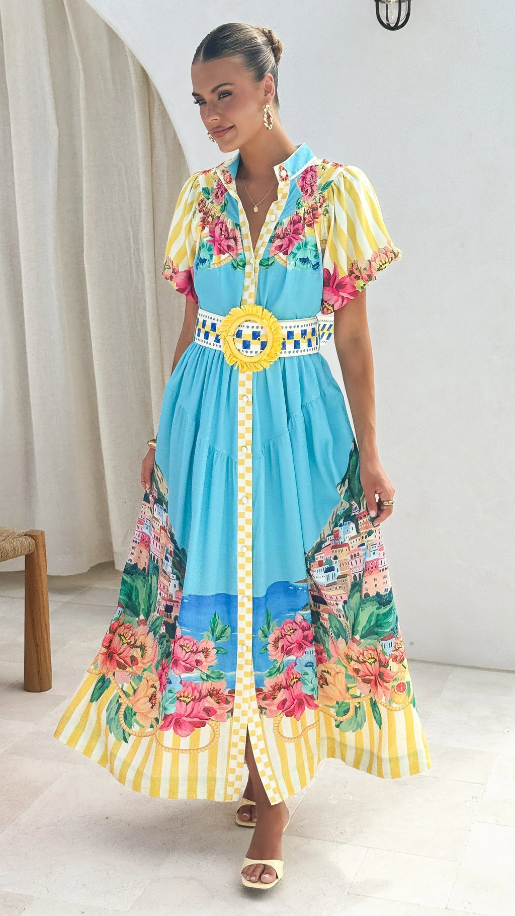 Damen Maxikleid mit Blumenmuster und Gürtel