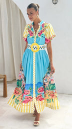Damen Maxikleid mit Blumenmuster und Gürtel