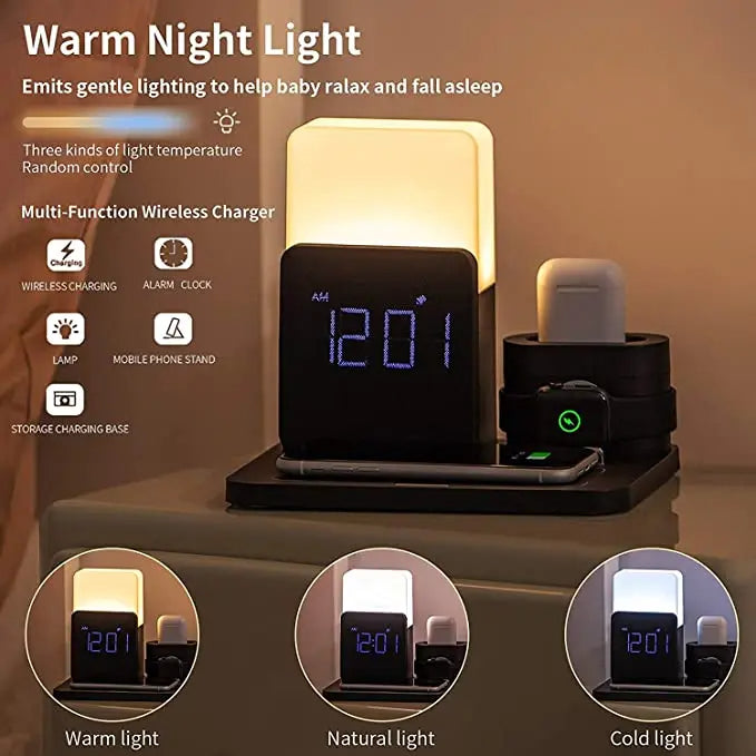 Multi-Funktions-Kabellos-Ladestation – Lampe und Wecker inklusive