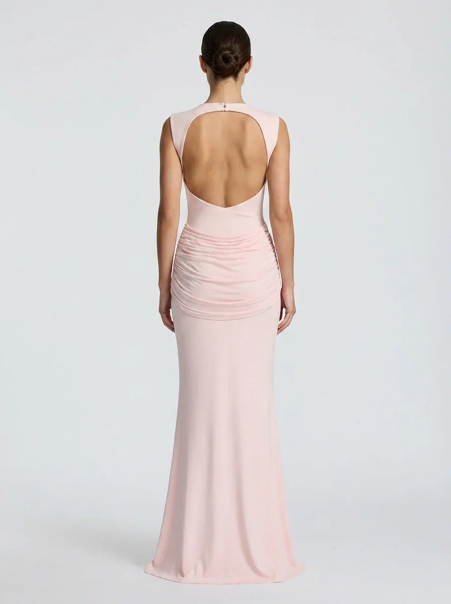 Damen Maxikleid mit Drapierung und Rundhalsausschnitt