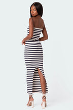 Strick-Maxikleid mit Beinschlitz und Streifen