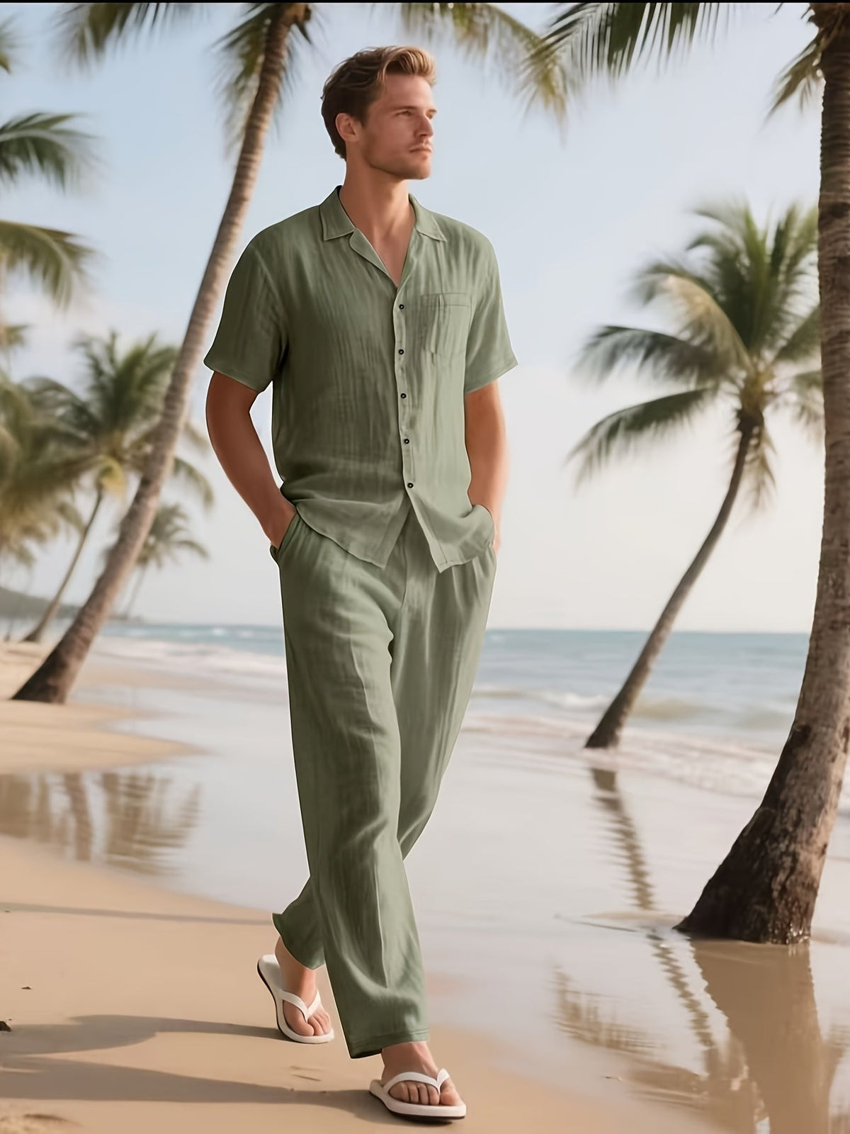 Herren Lässig Leinen Set – Bequem und Luftig mit Langer Hose und Kurzen Ärmeln