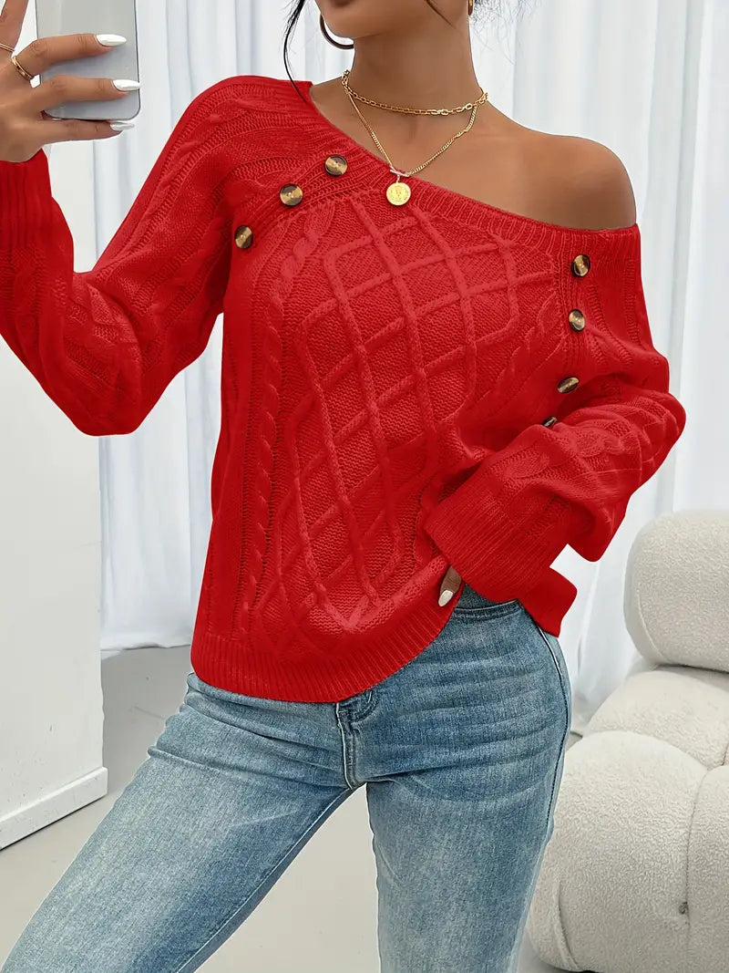 Langärmeliger Pullover Mit Zopfmuster, Lässiger Pullover Mit Rundhalsausschnitt