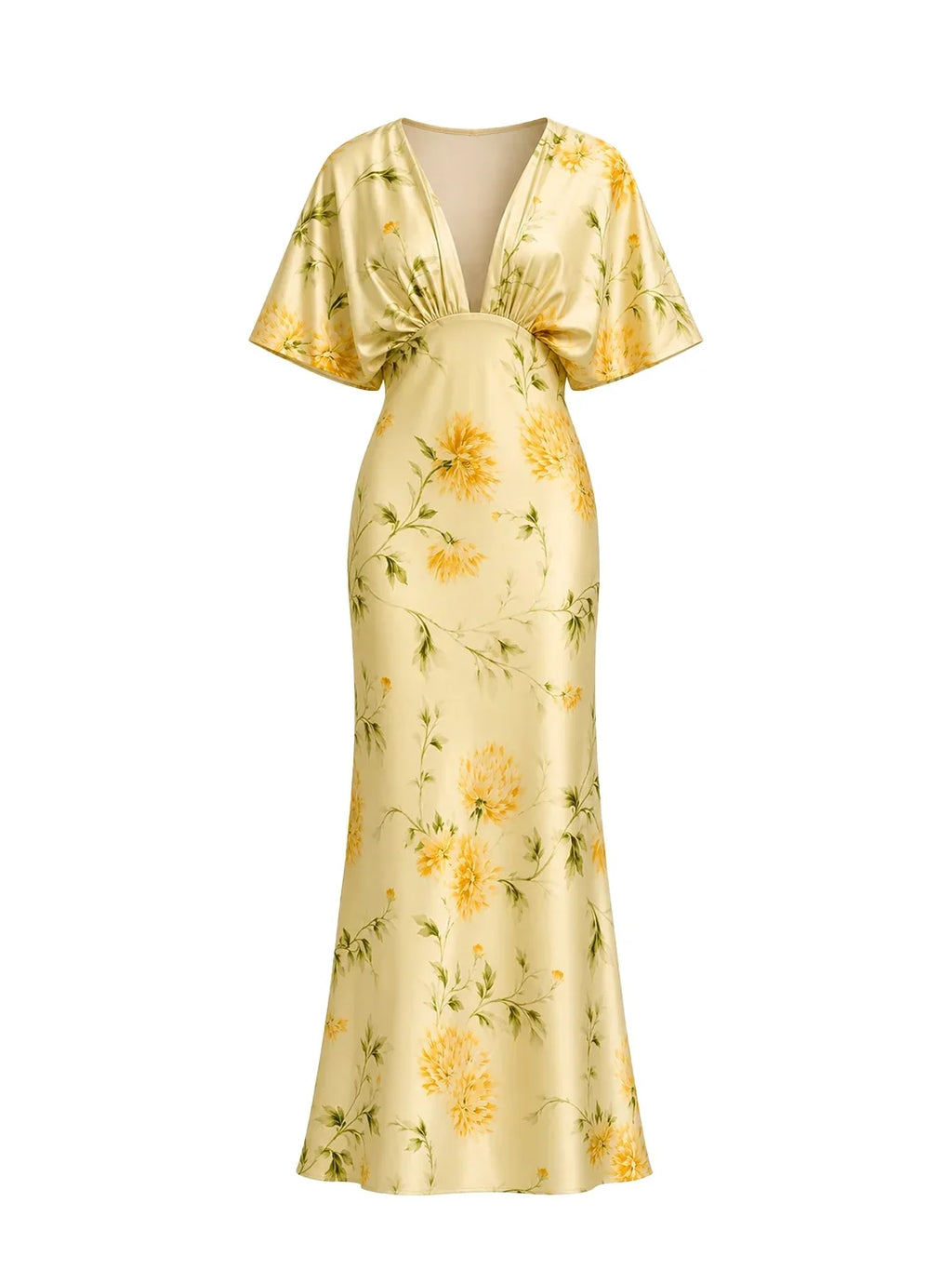 Satin-Maxikleid mit Flügelärmeln und Blumenmuster