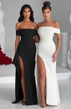 Damen Abendkleid mit schulterfreiem Ausschnitt und Beinschlitz