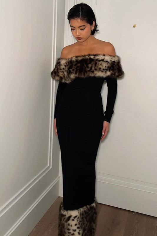 Schulterfreies Maxikleid mit Leopardenmuster